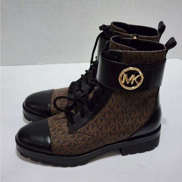 Michael Kors Tatum black and brown logo lace up biker boots size 8.5 new - Picture 7 of 13